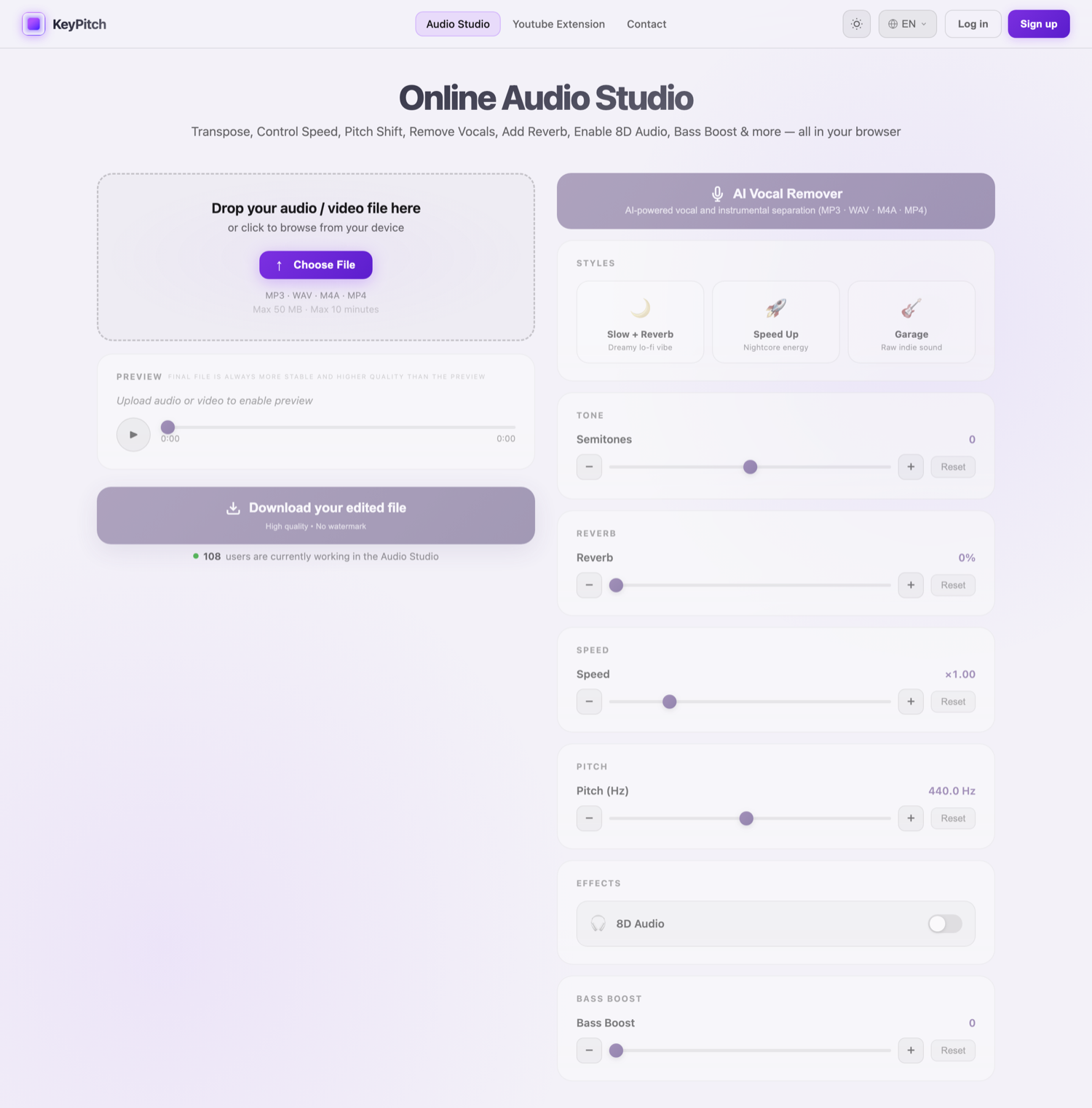 The KeyPitch Audio Studio interface — upload a song and adjust semitones, pitch, reverb, 8D audio and bass boost in the browser
